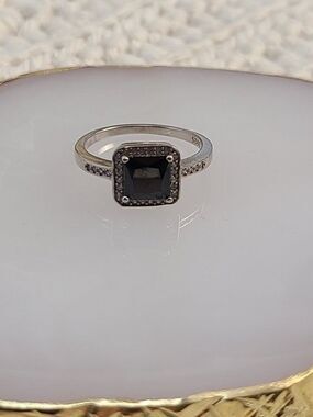 Sterling Silver Black Onyx Ring Size 7 Square Halo Stone 925 Elegant Band